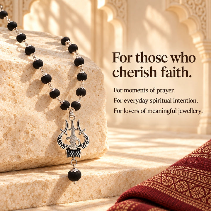 Original Karungali Mala | Trishul Pendant, Silver Caps | Lab Certified