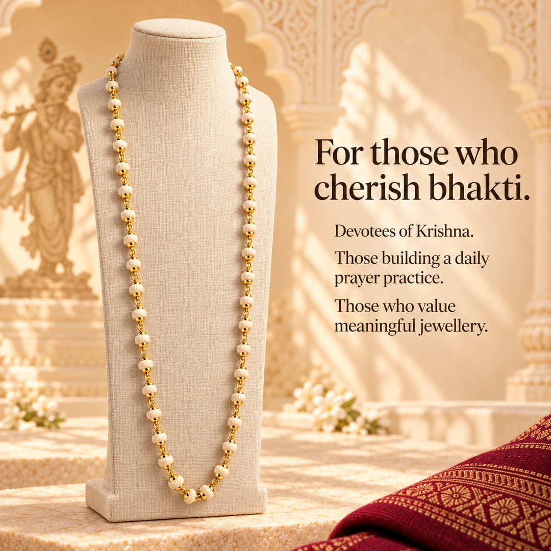 Natural Tulsi Beads Mala with Gold Capping Krishna Chain for daily wear