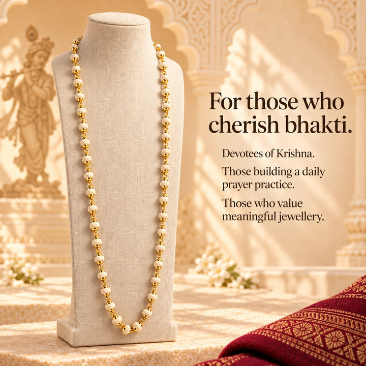 Natural Tulsi Beads Mala with Gold Capping Krishna Chain for daily wear