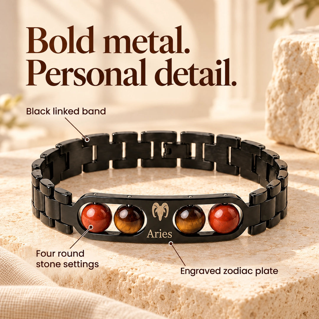 Aries Zodiac Black Metal Bracelet with Red &amp; Brown Stone Detailing for Men &amp; Women
