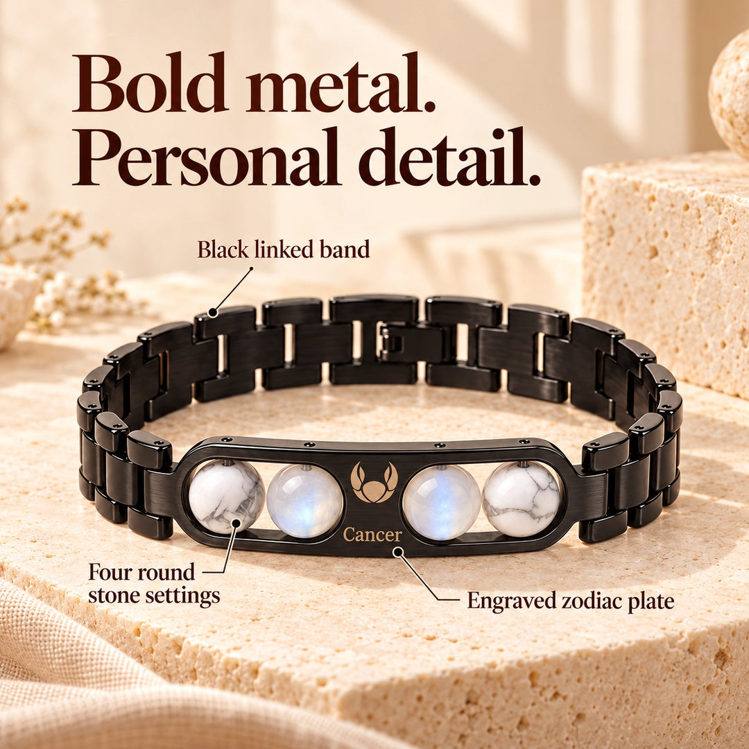 Cancer Zodiac Black Metal Bracelet with White &amp; Blue Stone Detailing for Men &amp; Women