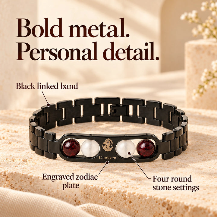 Capricorn Zodiac Black Metal Bracelet with Red &amp; White Stone Detailing for Men &amp; Women