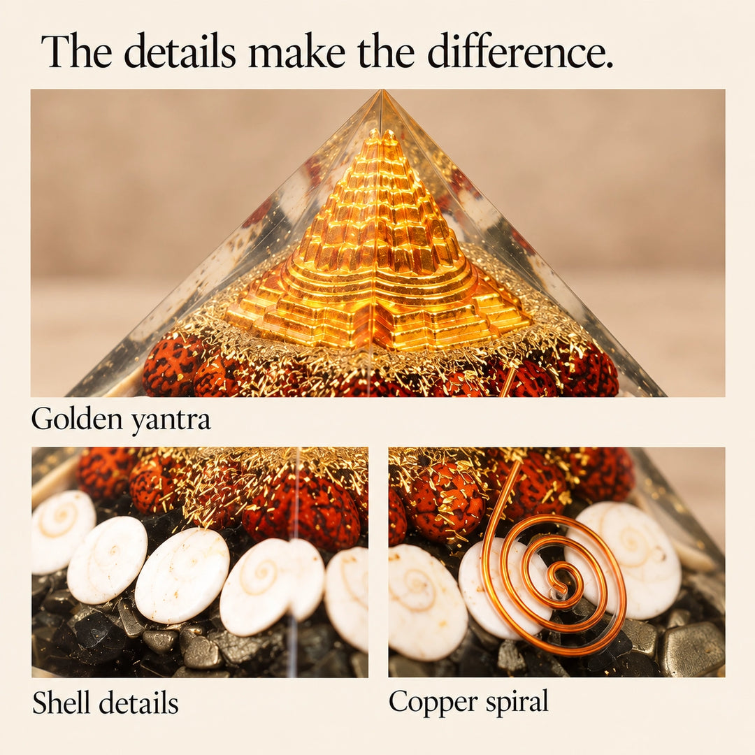 Dhan Laxmi Yantra Vastu Crystal Pyramid | Gomti Chakra &amp; Kaudi for Wealth | Home Decor