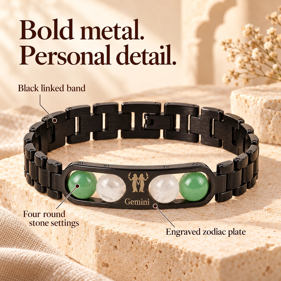 Gemini Zodiac Black Metal Bracelet with Green &amp; White Stone Detailing for Men &amp; Women