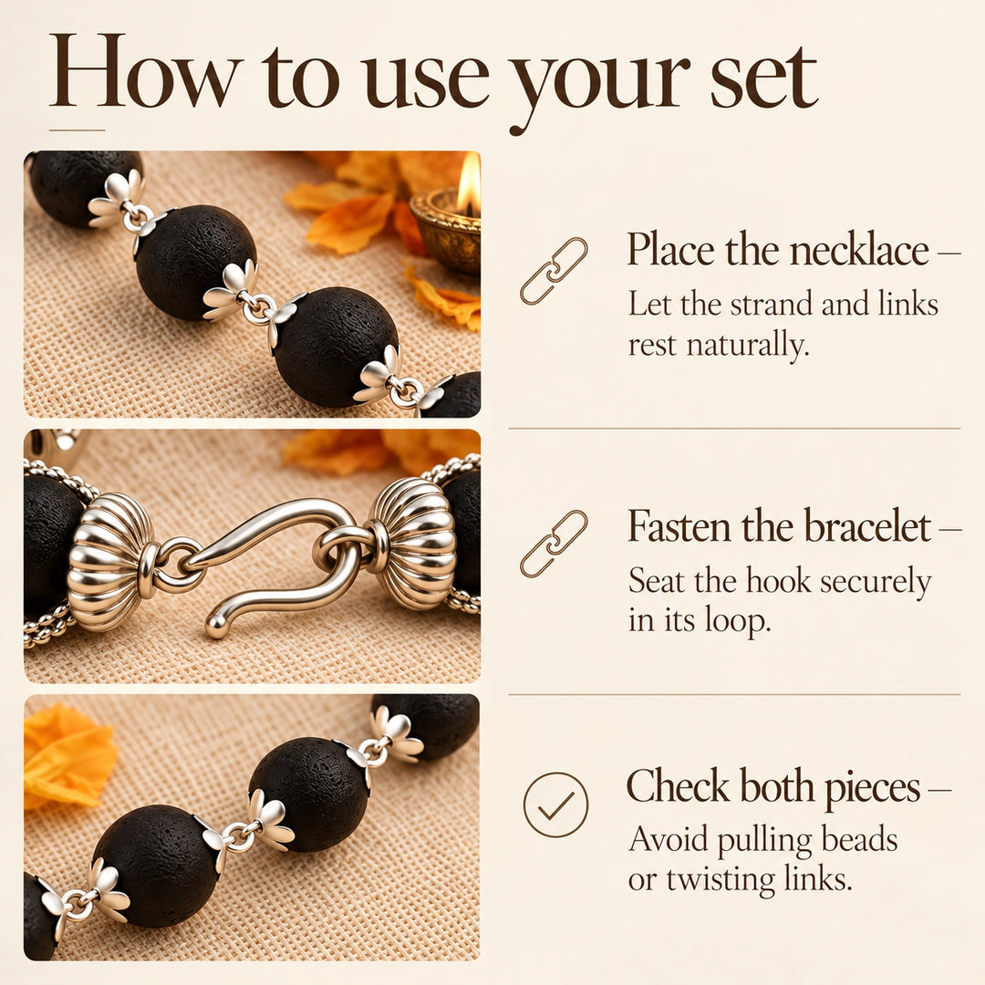 Silver-capped Karungali necklace &amp; bracelet set