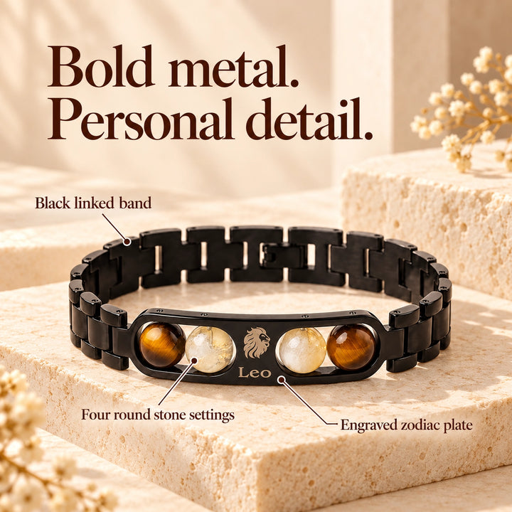 Leo Zodiac Black Metal Bracelet with Tiger Eye &amp; White Stone Detailing for Men &amp; Women