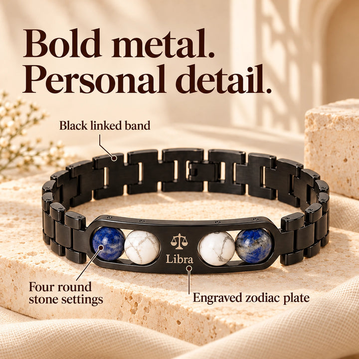Libra Zodiac Black Metal Bracelet with Blue &amp; White Stone Detailing for Men &amp; Women