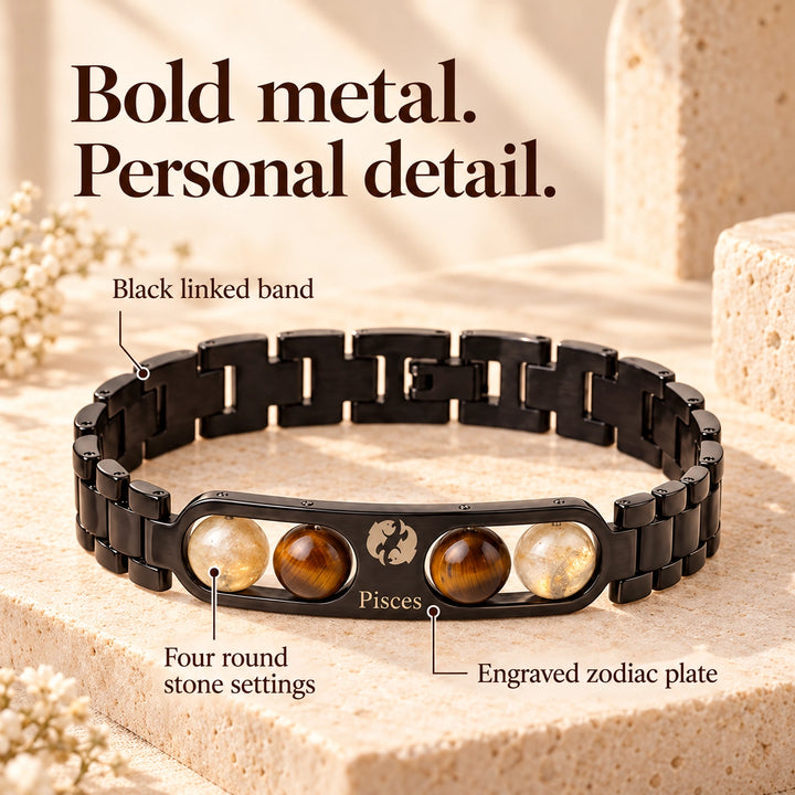 Pisces Zodiac Black Metal Bracelet with Amber &amp; White Stone Detailing for Men &amp; Women