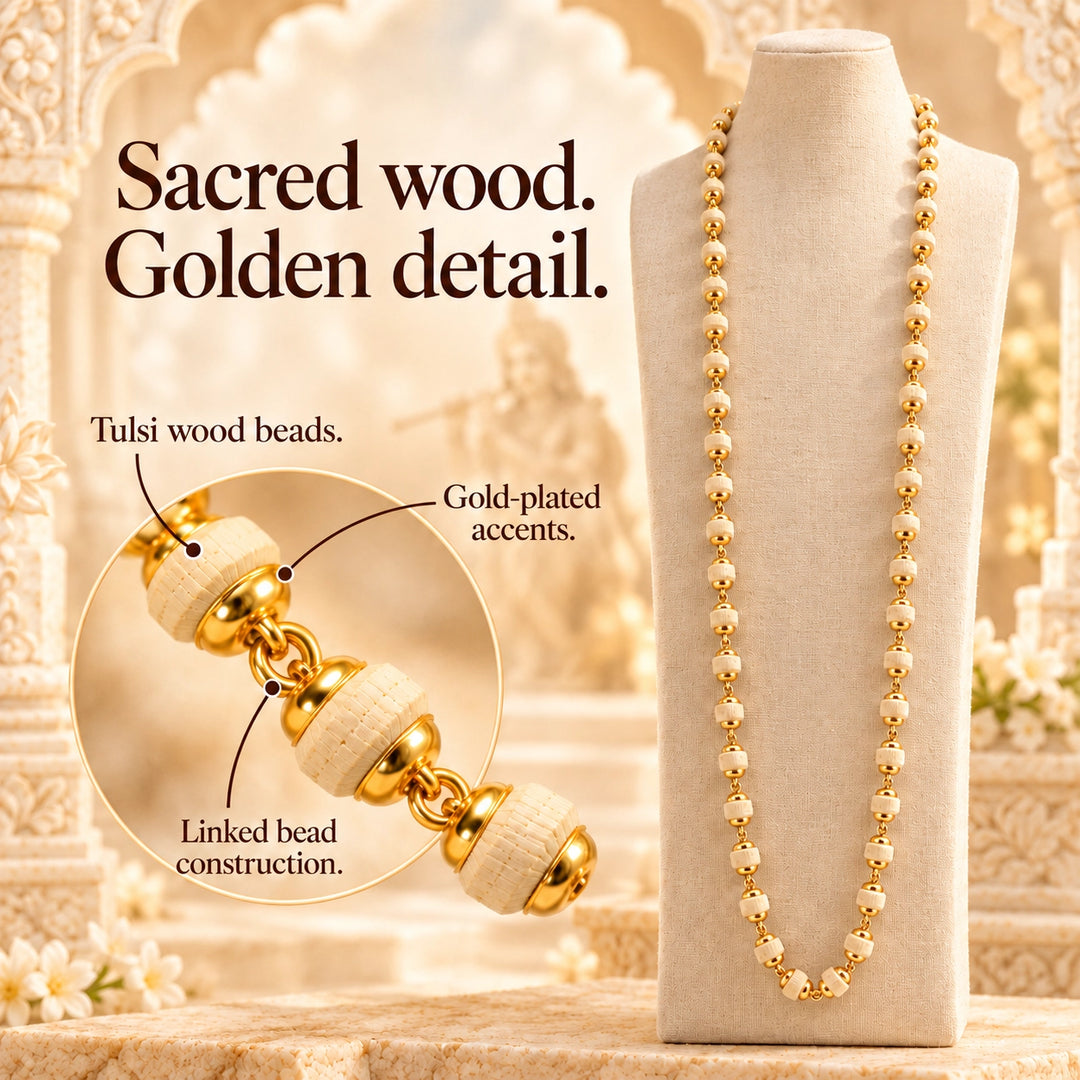 Natural Tulsi Beads Mala with Gold Capping Krishna Chain for daily wear