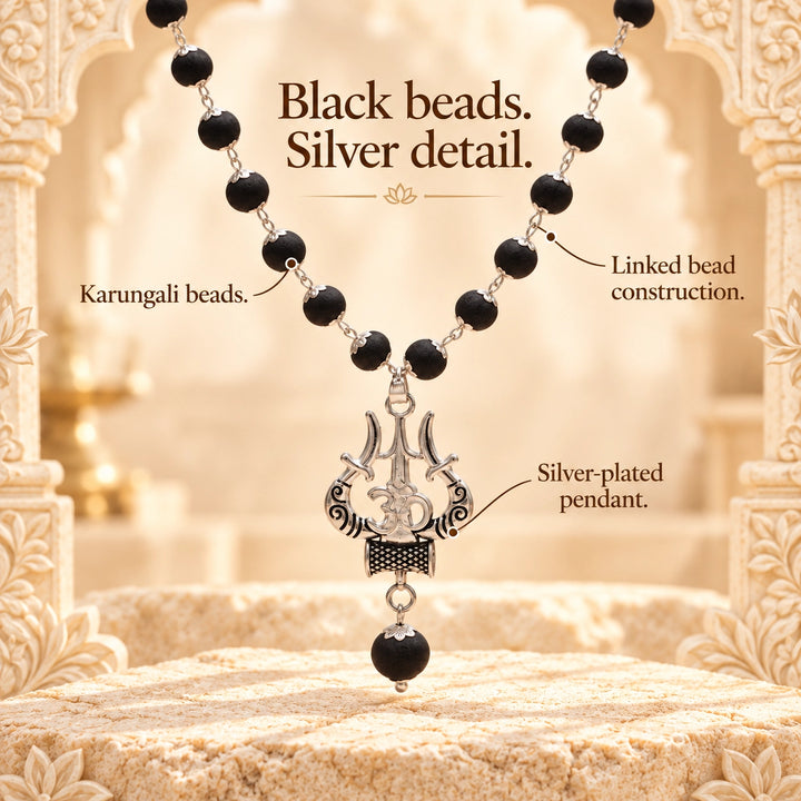 Original Karungali Mala | Trishul Pendant, Silver Caps | Lab Certified
