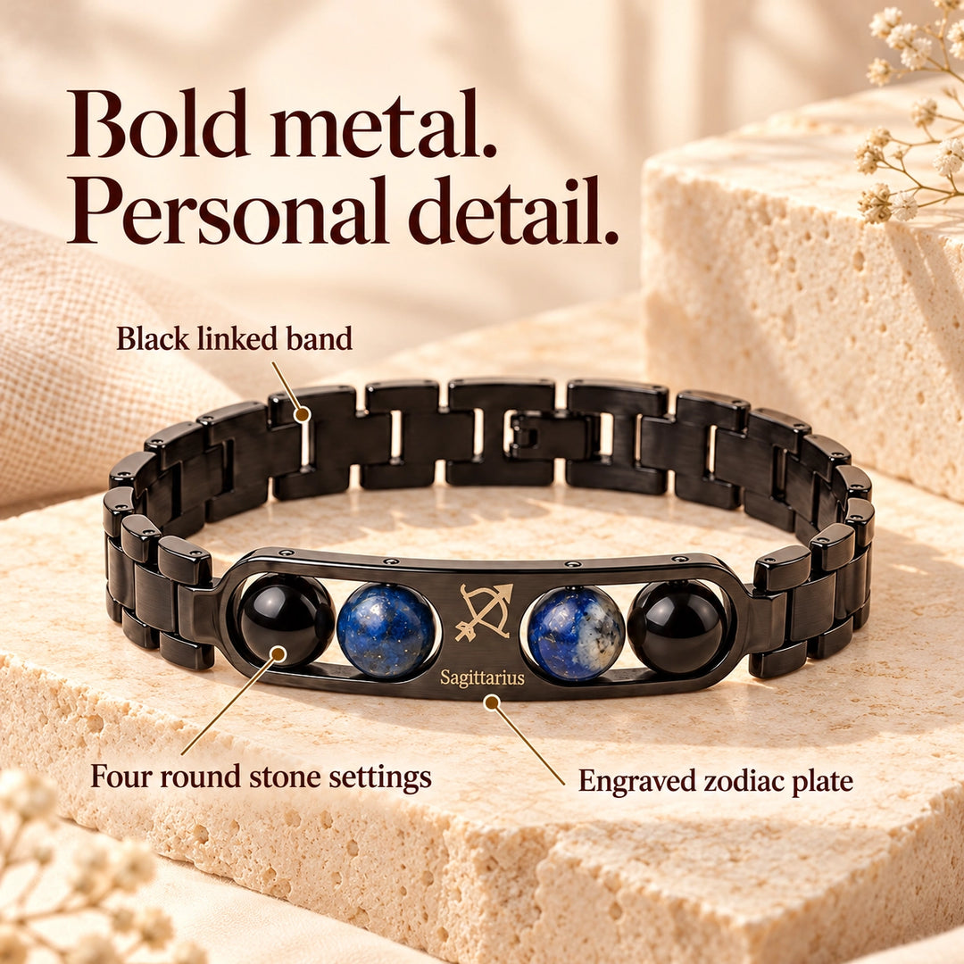 Sagittarius Zodiac Black Metal Bracelet with Blue &amp; Black Stone Detailing for Men &amp; Women