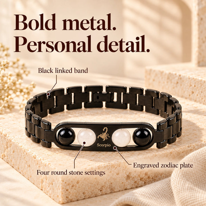 Scorpio Zodiac Black Metal Bracelet with White &amp; Black Stone Detailing for Men &amp; Women