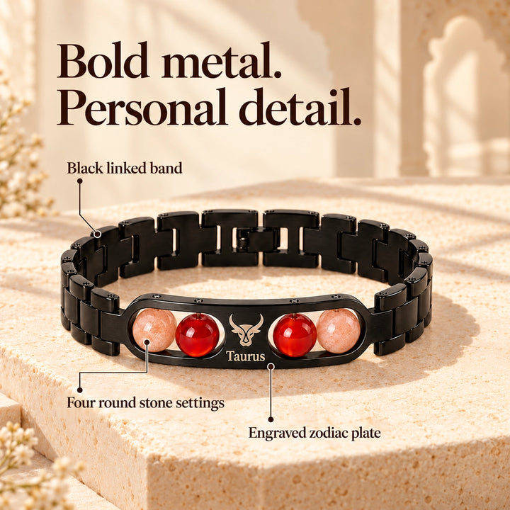 Taurus Zodiac Black Metal Bracelet with Red &amp; Peach Stone Detailing for Men &amp; Women