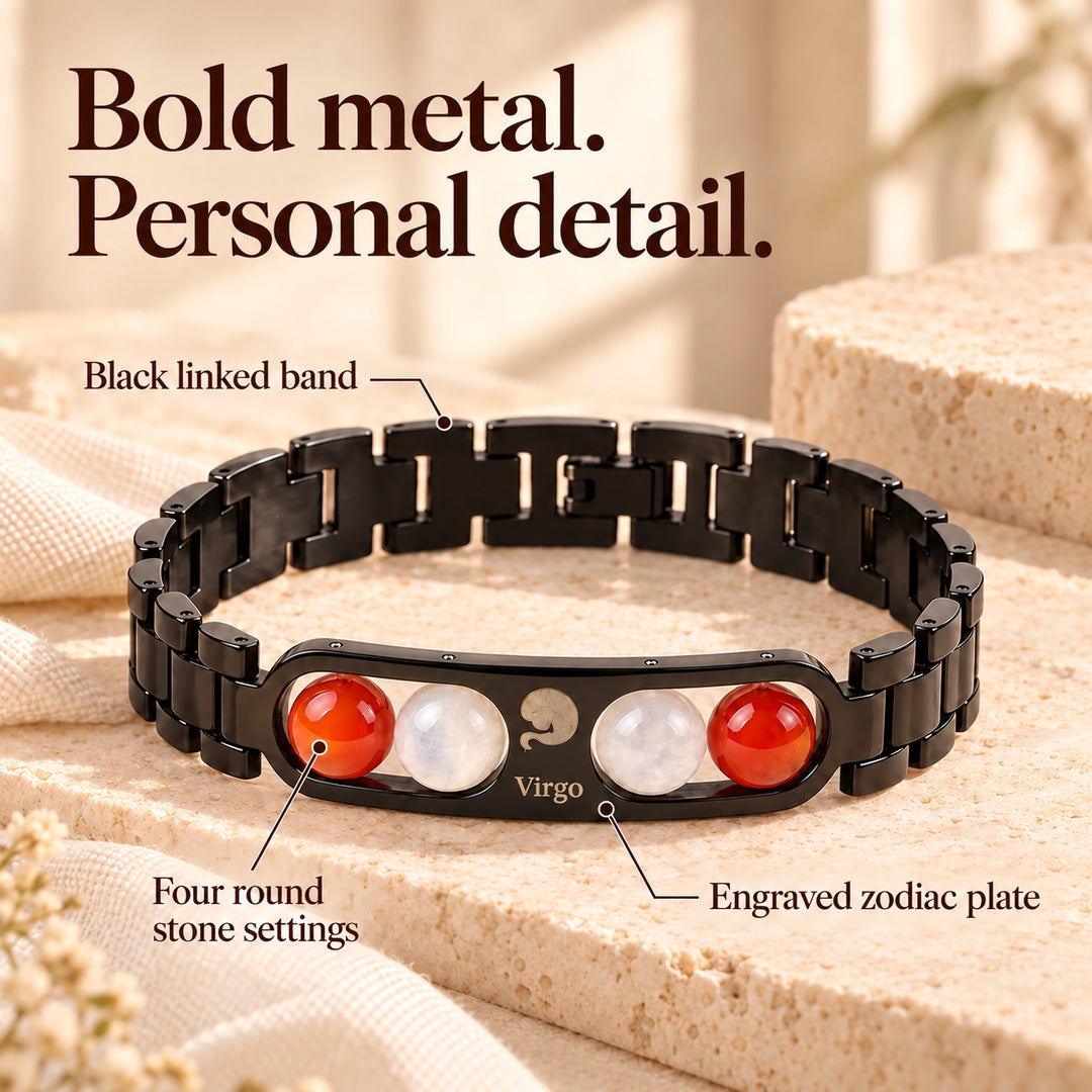 Virgo Zodiac Black Metal Bracelet with Red &amp; White Stone Detailing for Men &amp; Women