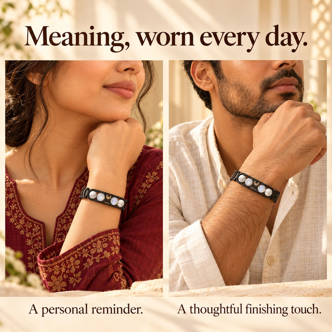 Cancer Zodiac Black Metal Bracelet with White &amp; Blue Stone Detailing for Men &amp; Women