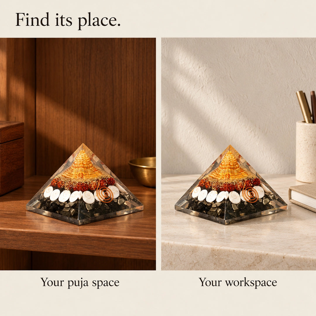 Dhan Laxmi Yantra Vastu Crystal Pyramid | Gomti Chakra &amp; Kaudi for Wealth | Home Decor