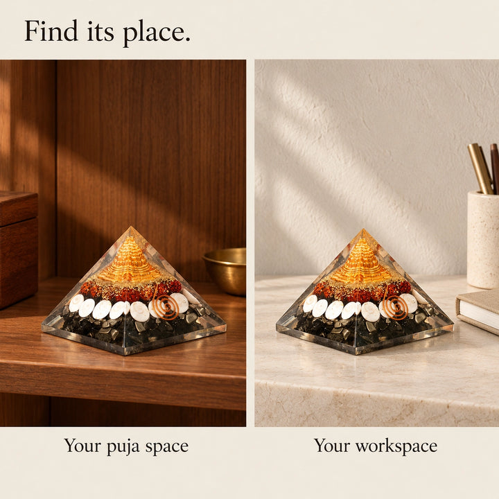 Dhan Laxmi Yantra Vastu Crystal Pyramid | Gomti Chakra &amp; Kaudi for Wealth | Home Decor