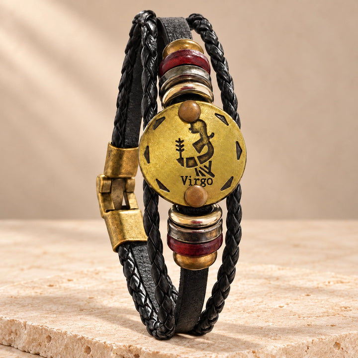 Virgo Zodiac Bracelet – Black Braided Leather Bracelet with Antique Gold-Tone Charm