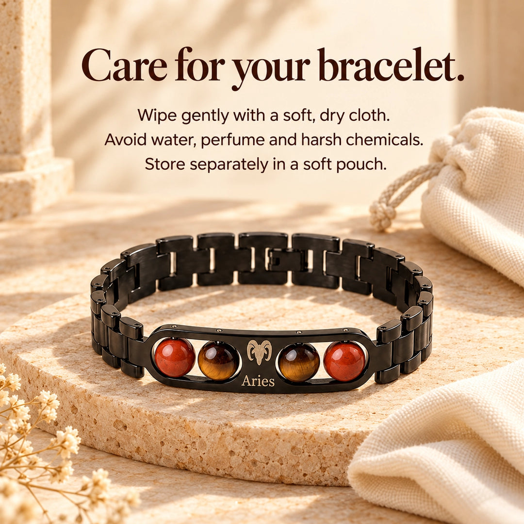 Aries Zodiac Black Metal Bracelet with Red &amp; Brown Stone Detailing for Men &amp; Women
