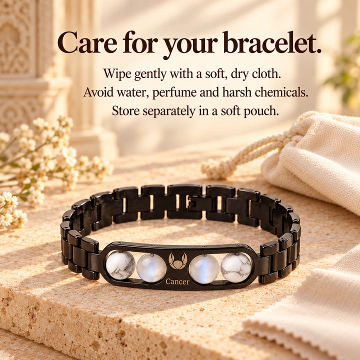Cancer Zodiac Black Metal Bracelet with White &amp; Blue Stone Detailing for Men &amp; Women