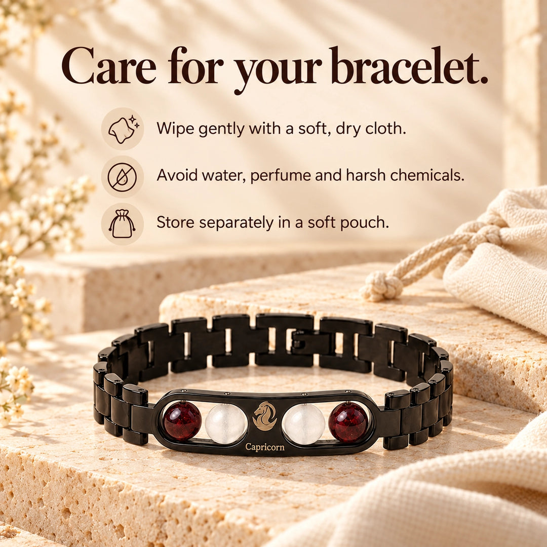 Capricorn Zodiac Black Metal Bracelet with Red &amp; White Stone Detailing for Men &amp; Women