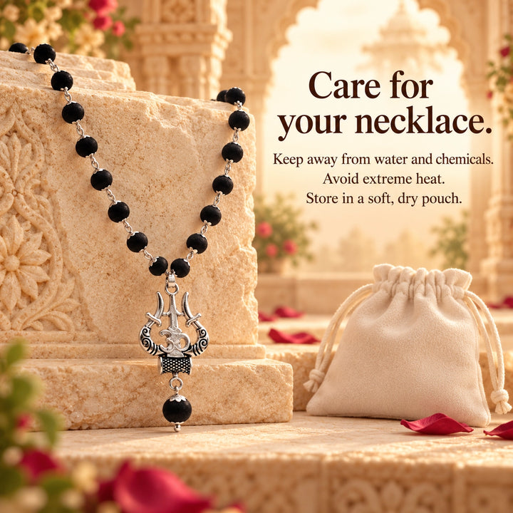 Original Karungali Mala | Trishul Pendant, Silver Caps | Lab Certified
