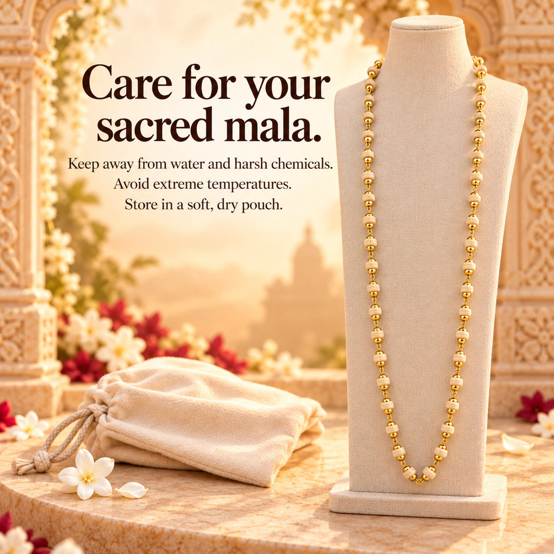 Natural Tulsi Beads Mala with Gold Capping Krishna Chain for daily wear