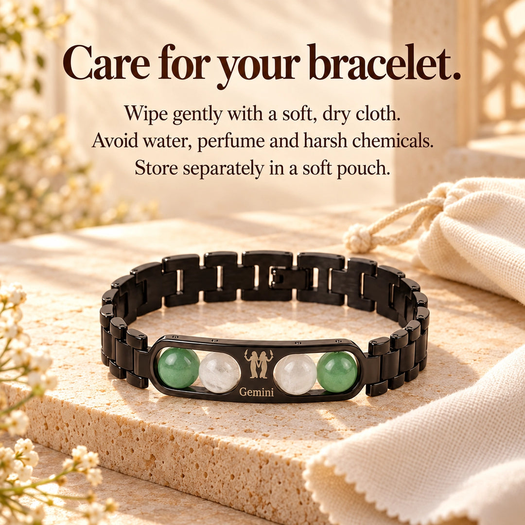 Gemini Zodiac Black Metal Bracelet with Green &amp; White Stone Detailing for Men &amp; Women