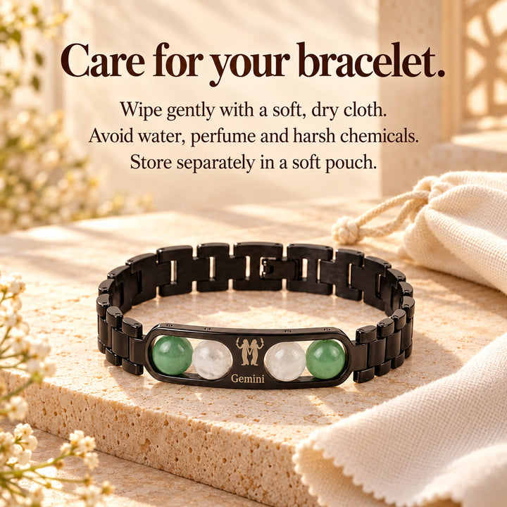 Gemini Zodiac Black Metal Bracelet with Green &amp; White Stone Detailing for Men &amp; Women