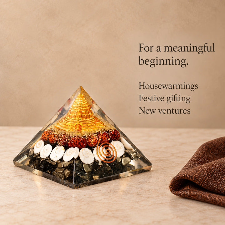 Dhan Laxmi Yantra Vastu Crystal Pyramid | Gomti Chakra &amp; Kaudi for Wealth | Home Decor