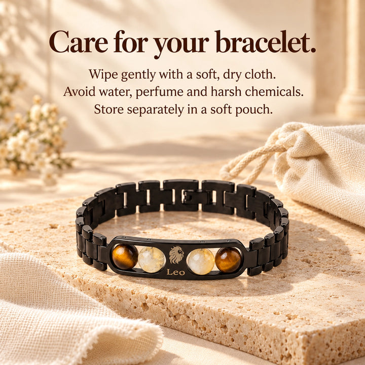 Leo Zodiac Black Metal Bracelet with Tiger Eye &amp; White Stone Detailing for Men &amp; Women