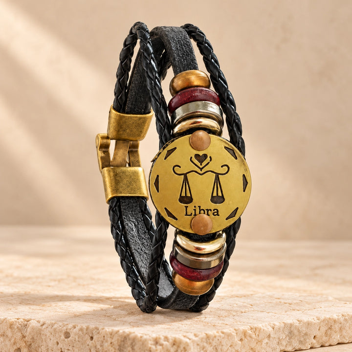 Libra Zodiac Bracelet – Black Braided Leather Bracelet with Antique Gold-Tone Charm