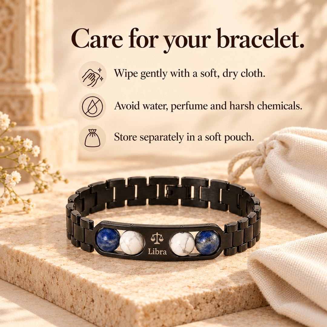 Libra Zodiac Black Metal Bracelet with Blue &amp; White Stone Detailing for Men &amp; Women