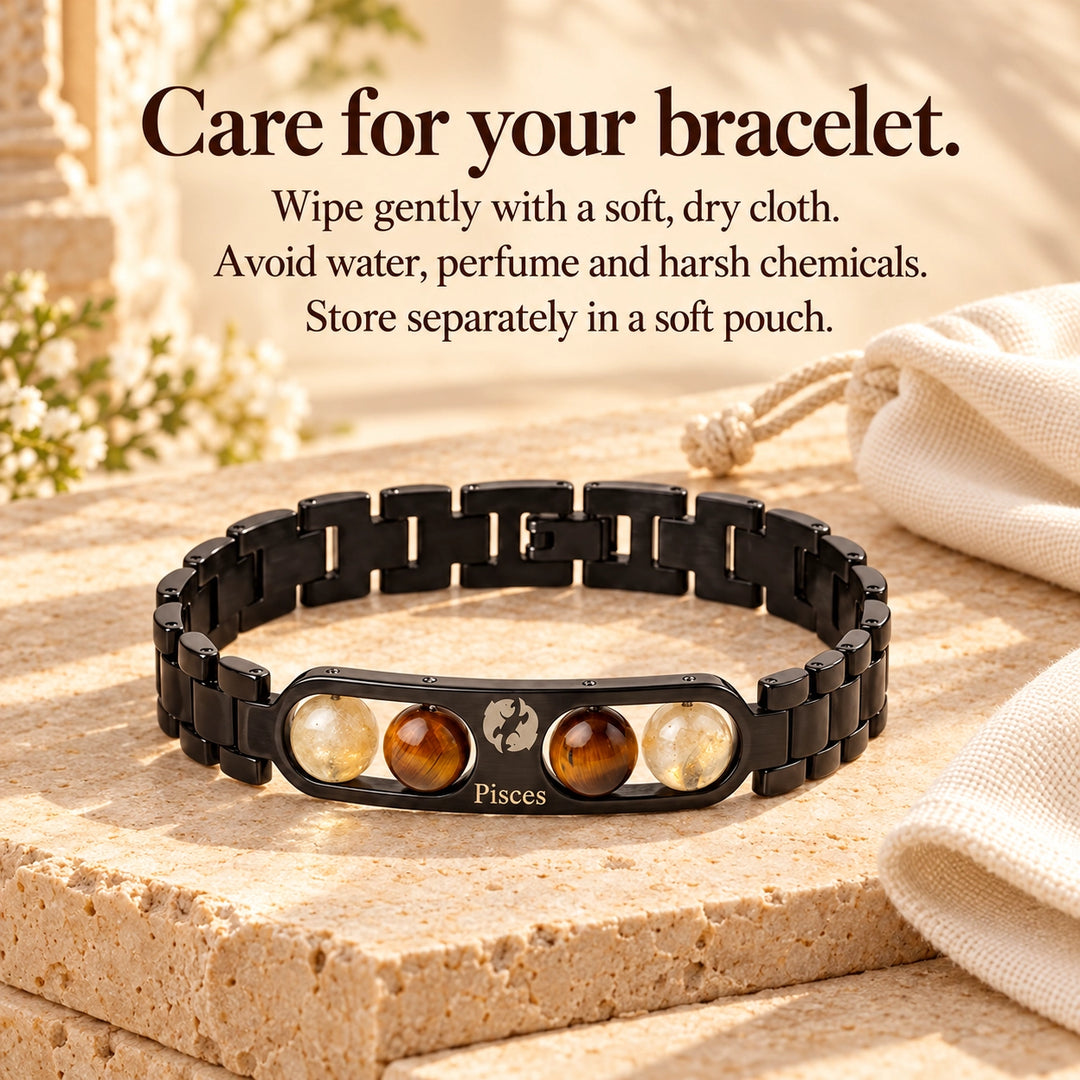 Pisces Zodiac Black Metal Bracelet with Amber &amp; White Stone Detailing for Men &amp; Women