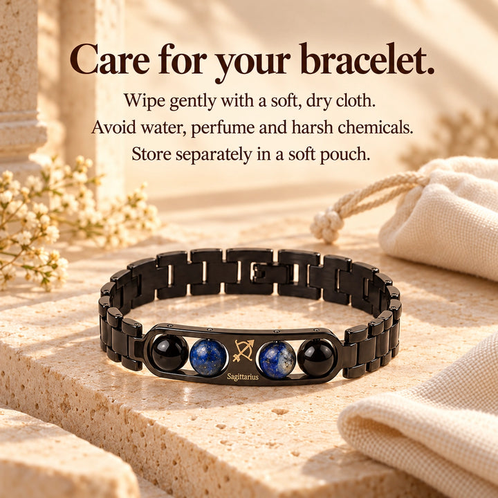 Sagittarius Zodiac Black Metal Bracelet with Blue &amp; Black Stone Detailing for Men &amp; Women