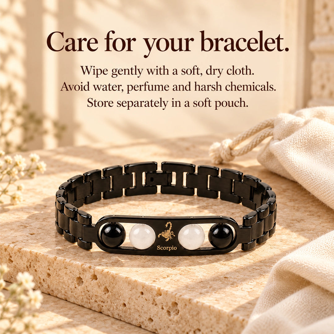 Scorpio Zodiac Black Metal Bracelet with White &amp; Black Stone Detailing for Men &amp; Women
