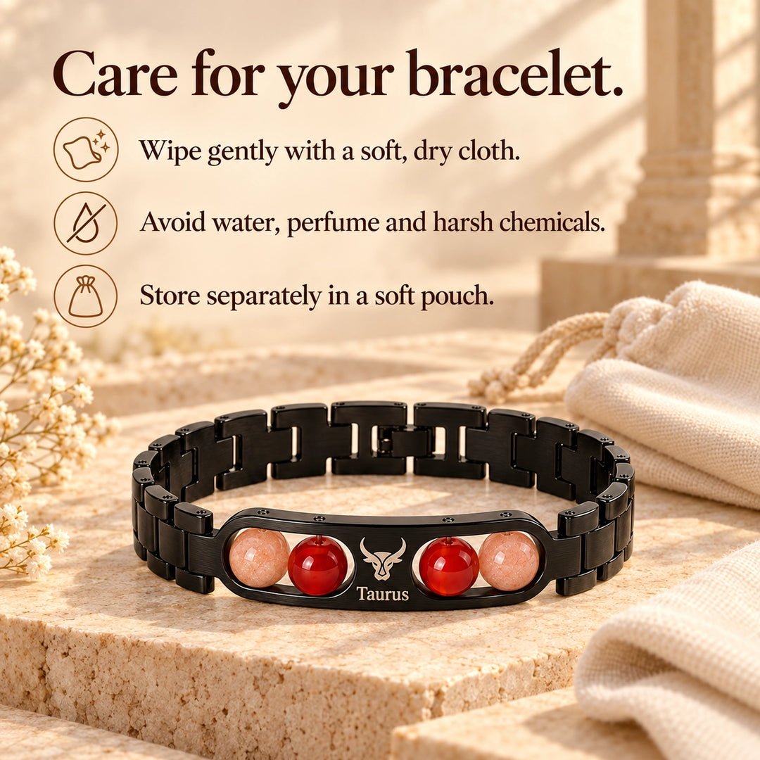 Taurus Zodiac Black Metal Bracelet with Red &amp; Peach Stone Detailing for Men &amp; Women