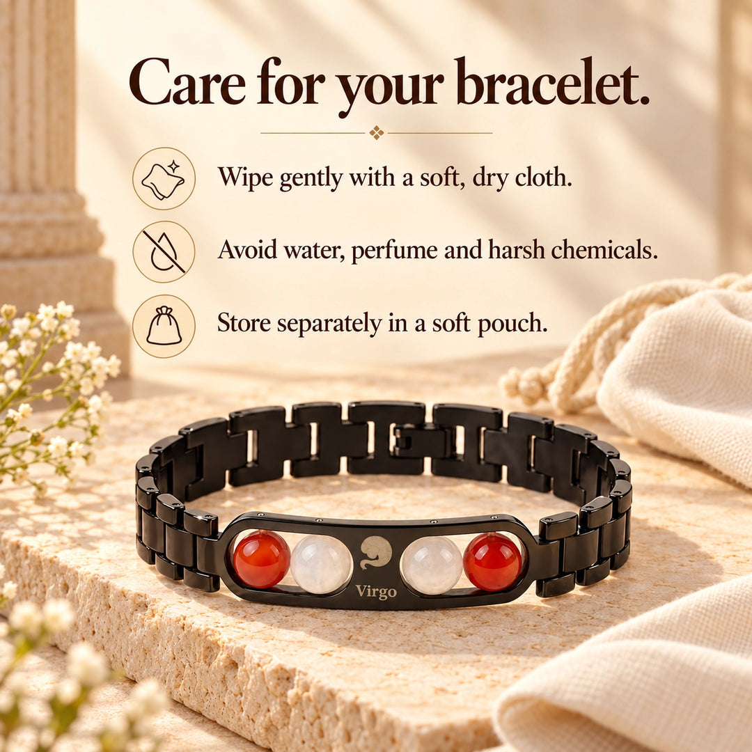 Virgo Zodiac Black Metal Bracelet with Red &amp; White Stone Detailing for Men &amp; Women