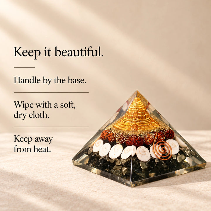 Dhan Laxmi Yantra Vastu Crystal Pyramid | Gomti Chakra &amp; Kaudi for Wealth | Home Decor