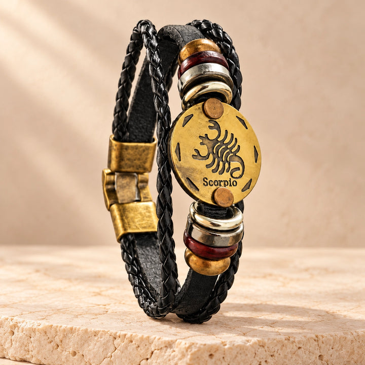 Scorpio Zodiac Bracelet – Black Braided Leather Bracelet with Antique Gold-Tone Charm