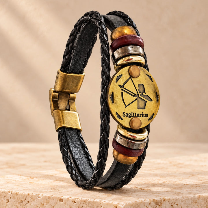 Sagittarius Zodiac Bracelet – Black Braided Leather Bracelet with Antique Gold-Tone Charm