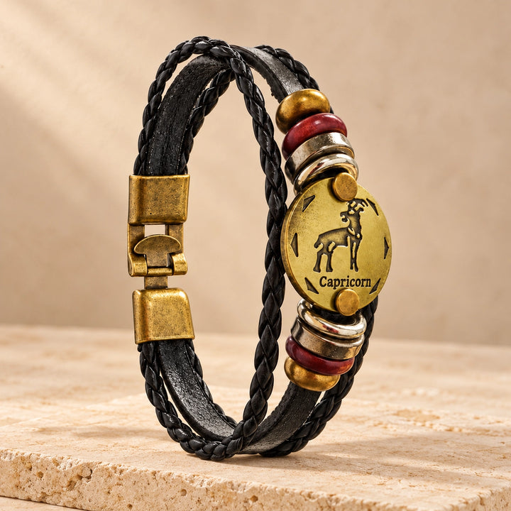 Capricorn Zodiac Bracelet – Black Braided Leather Bracelet with Antique Gold-Tone Charm