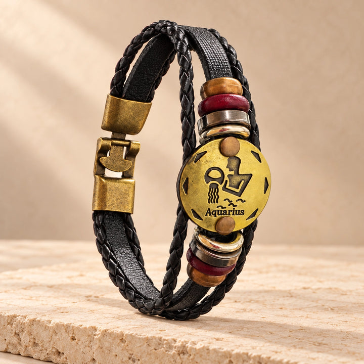 Aquarius Zodiac Bracelet – Black Braided Leather Bracelet with Antique Gold-Tone Charm