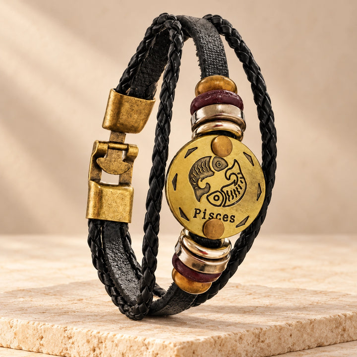 Pisces Zodiac Bracelet – Black Braided Leather Bracelet with Antique Gold-Tone Charm